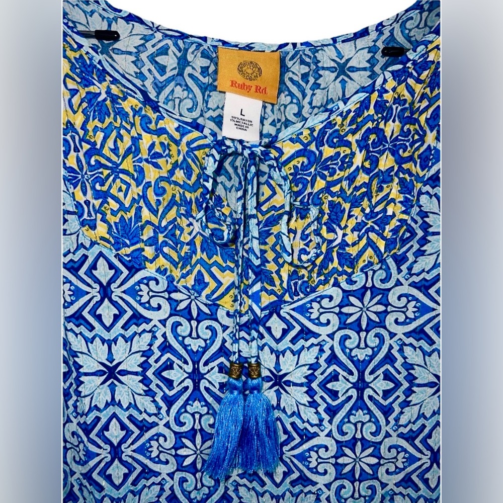 Ruby Rd Women’s Blue Yellow Metallic Blouse with Tassels Size Large - Picture 7 of 11